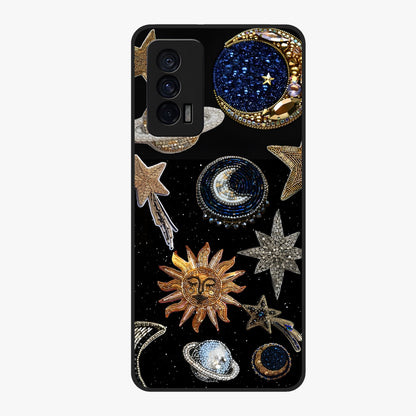 Celestial Gem Constellations Glass Case showing flat back view with sparkling constellation artwork and glossy glass finish.