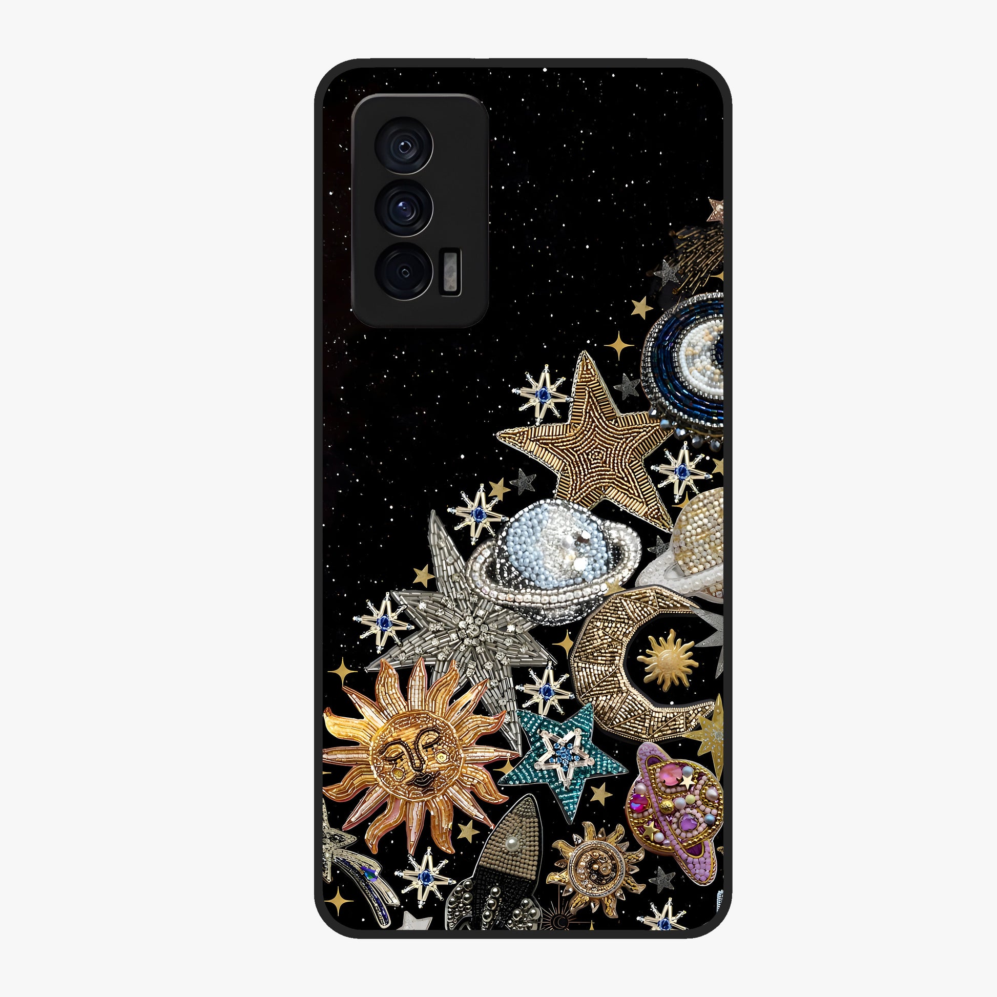Cosmic Sparkle Dreams Glass Case showing flat back view with sparkling cosmic artwork and glossy glass finish.