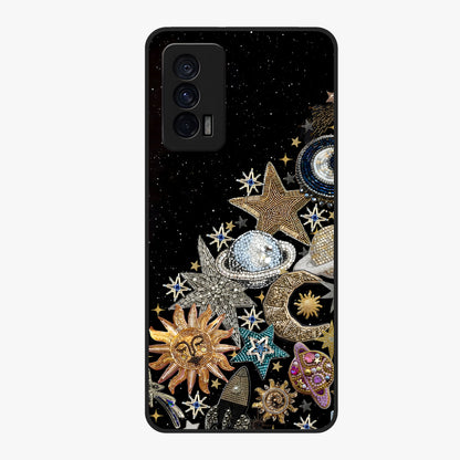Cosmic Sparkle Dreams Glass Case showing flat back view with sparkling cosmic artwork and glossy glass finish.
