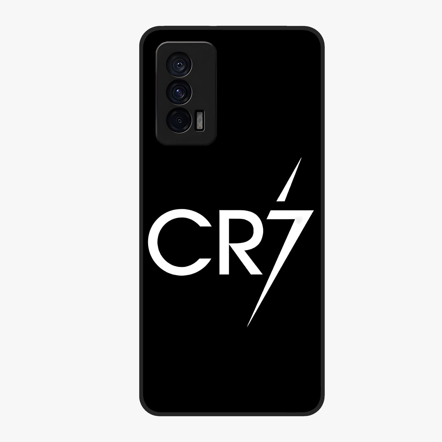 Cr7 Elite Strike Glass Case showing flat back view with dynamic football inspired artwork and glossy glass finish.