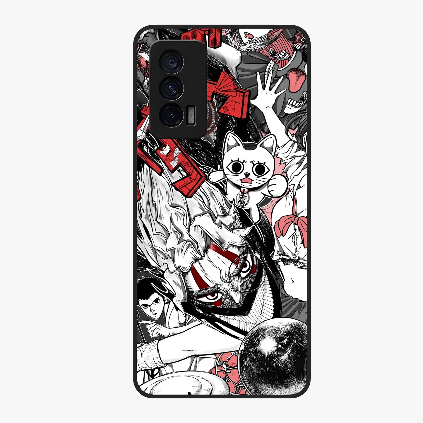Crimson Chaos Panel Glass Case showing flat back view with bold crimson abstract artwork and glossy glass finish.