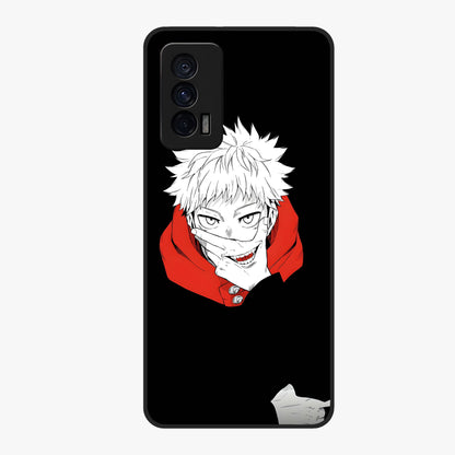Crimson Chaos Smile Glass Case showing flat back view with bold chaotic smile artwork and glossy glass finish.