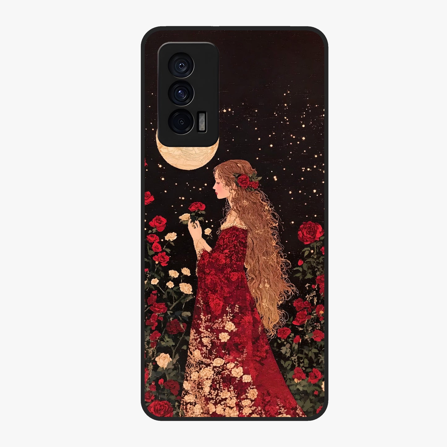 Crimson Dreams Glass Case showing flat back view with dreamy crimson artwork and glossy glass finish.