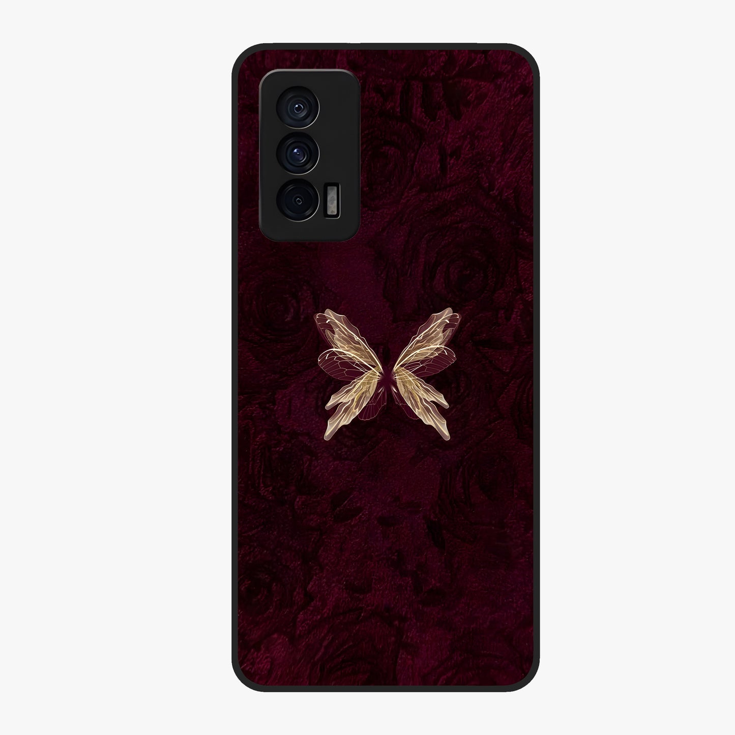 Crimson Fade Butterfly Glass Case showing flat back view with fading butterfly artwork and glossy glass finish.