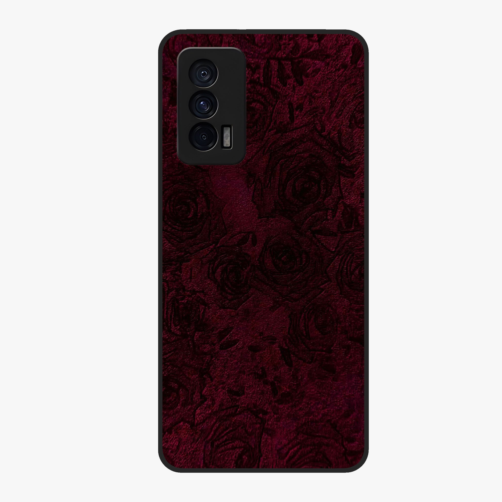 Crimson Fade Flow Glass Case showing flat back view with flowing crimson gradient artwork and glossy glass finish.