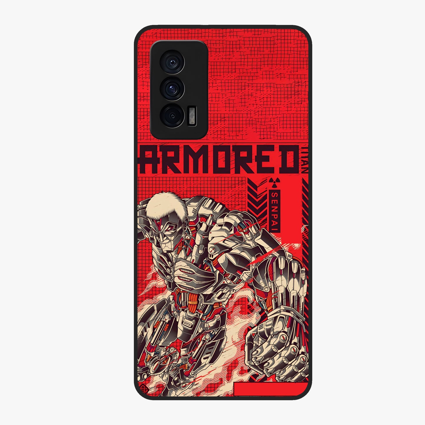 Crimson Mecha Titan Glass Case showing flat back view with powerful mech titan artwork and glossy glass finish.