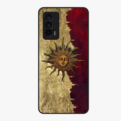 Crimson Sun Majesty Glass Case showing flat back view with radiant sun inspired artwork and glossy glass finish.