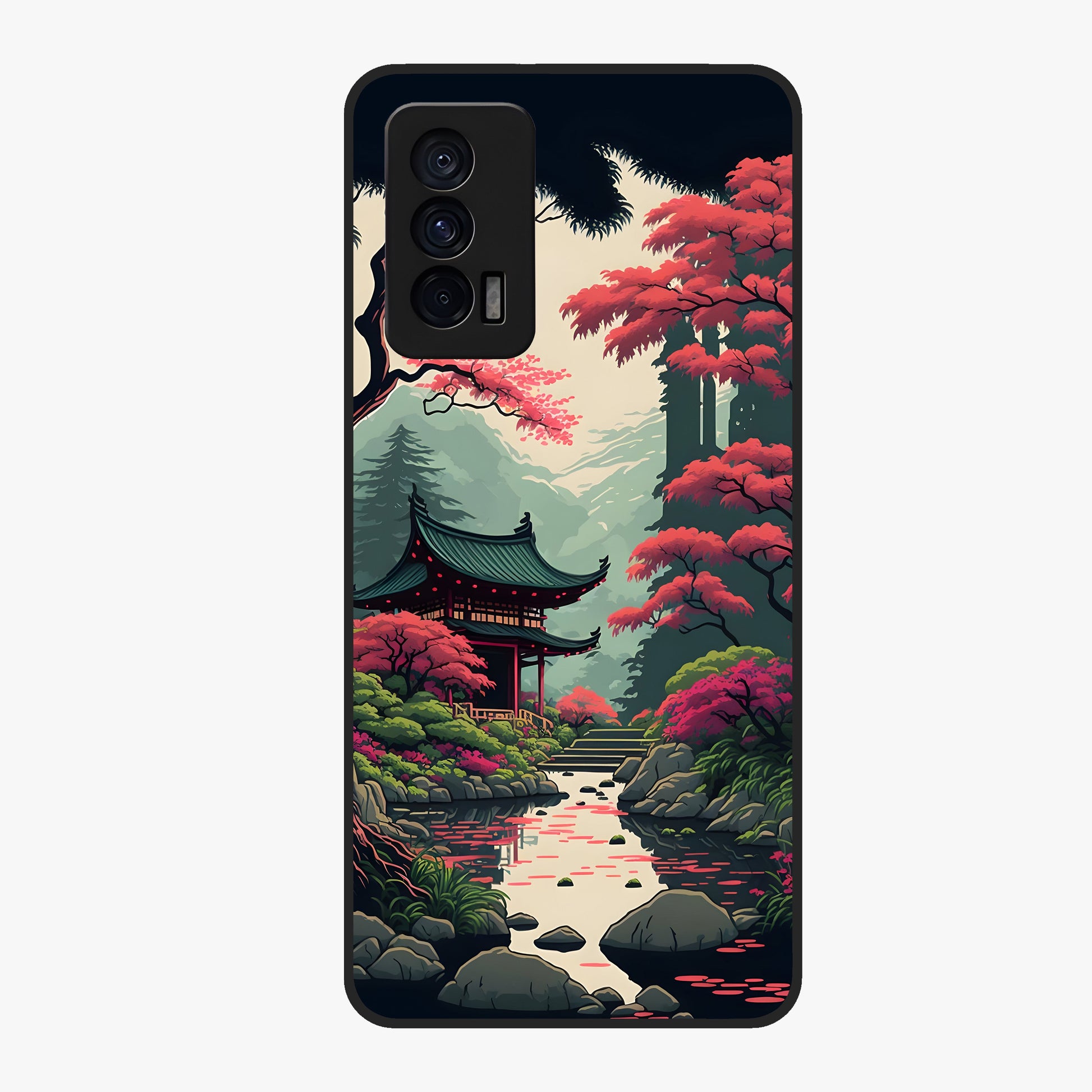 Crimson Temple View Glass Case showing flat back view with temple inspired artwork and glossy glass finish.