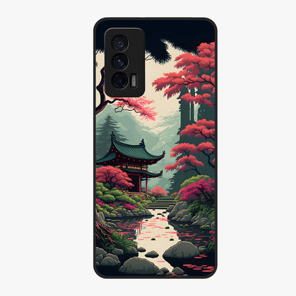 Crimson Temple View Glass Case showing flat back view with temple inspired artwork and glossy glass finish.