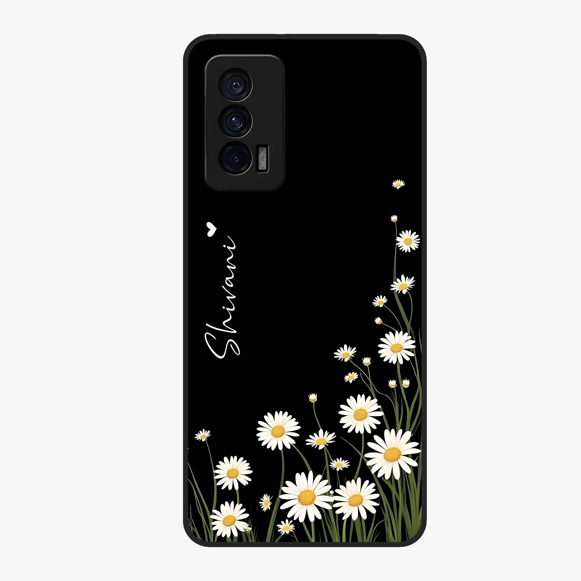 Daisy Cascade Custom Name Glass Case showing flat back view with cascading daisy flowers and personalized name design.