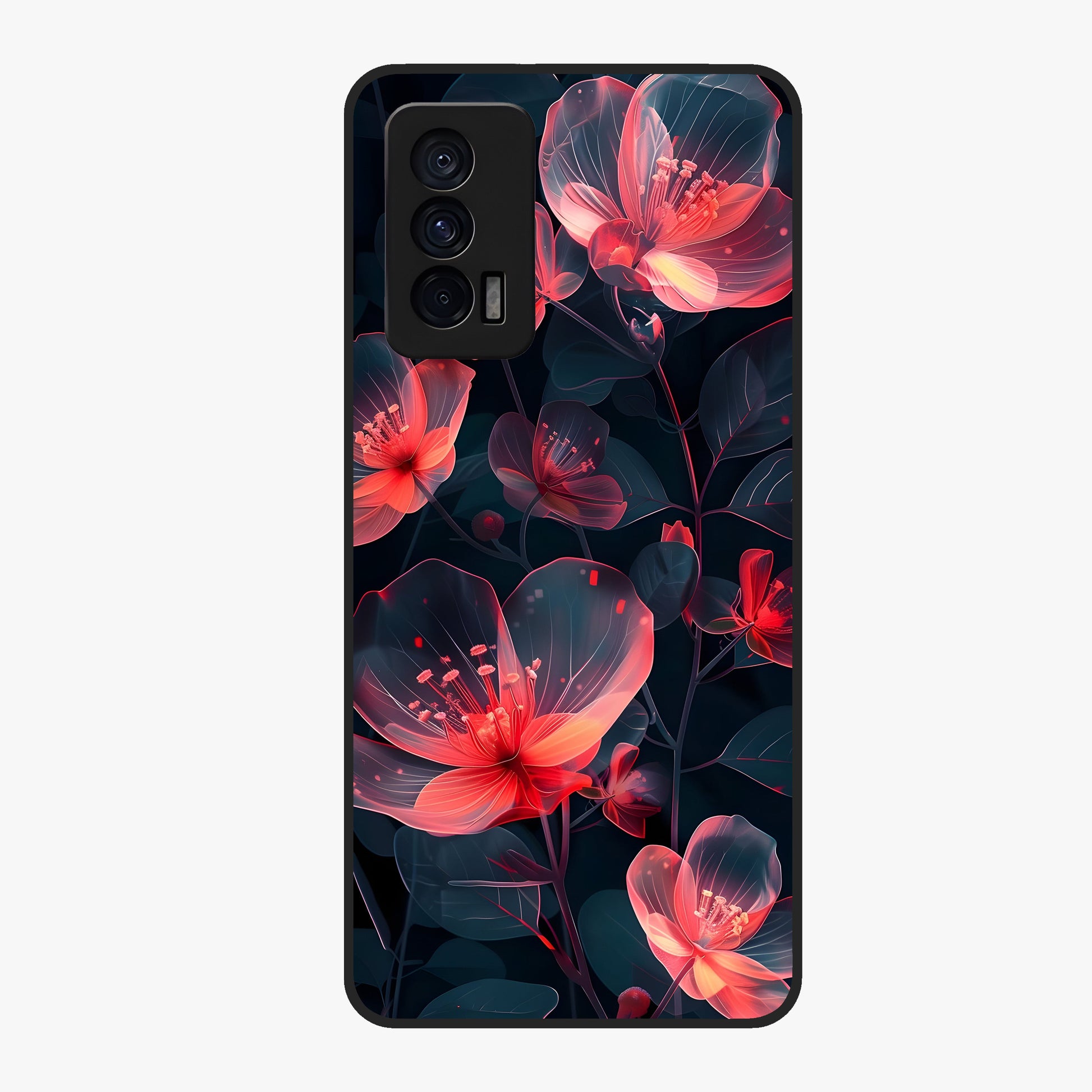 Dark Shade of Flower Glass Case showing flat back view with elegant dark floral artwork and glossy glass finish.