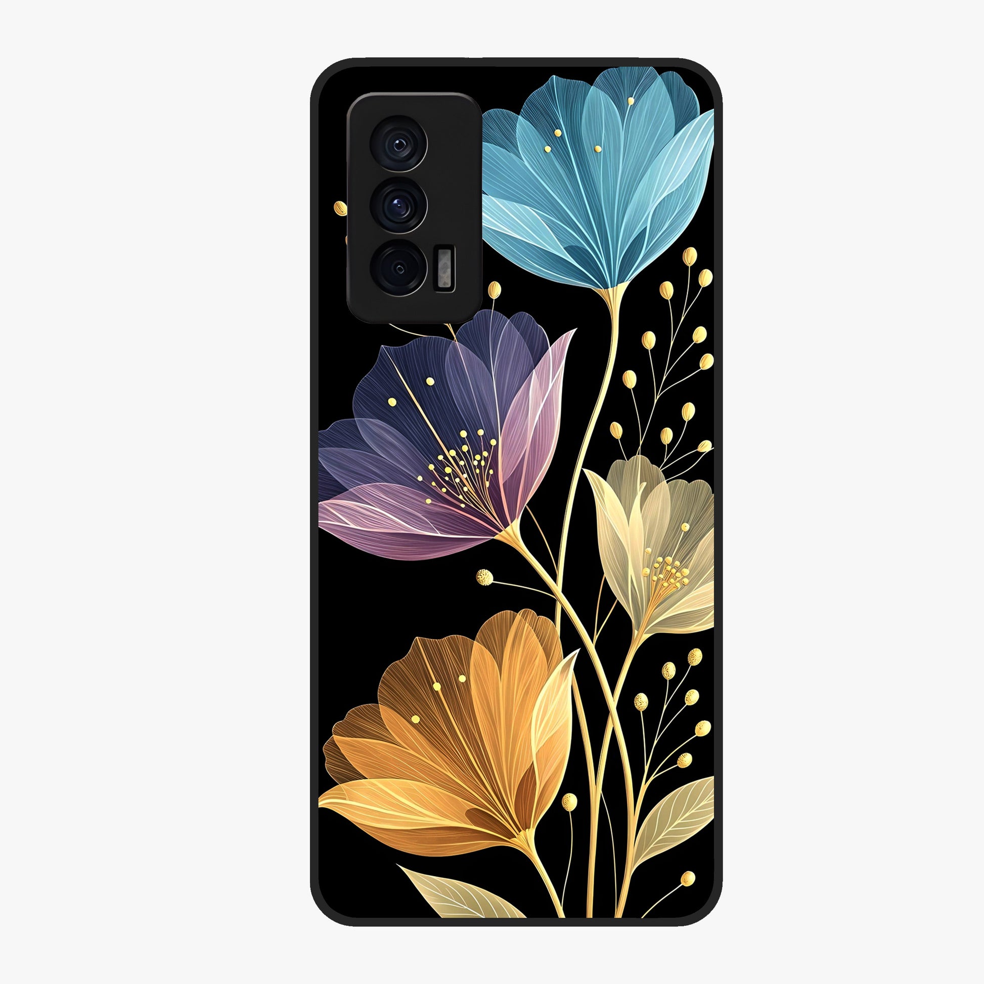 Delicate Multicolor Flowers Glass Case showing flat back view with vibrant floral artwork and glossy glass finish.