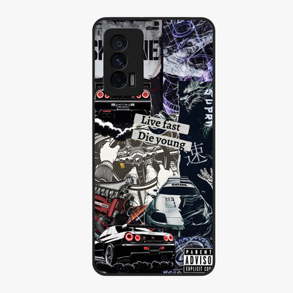 Die Young Glass Case showing flat back view with bold artistic typography design and glossy glass finish.
