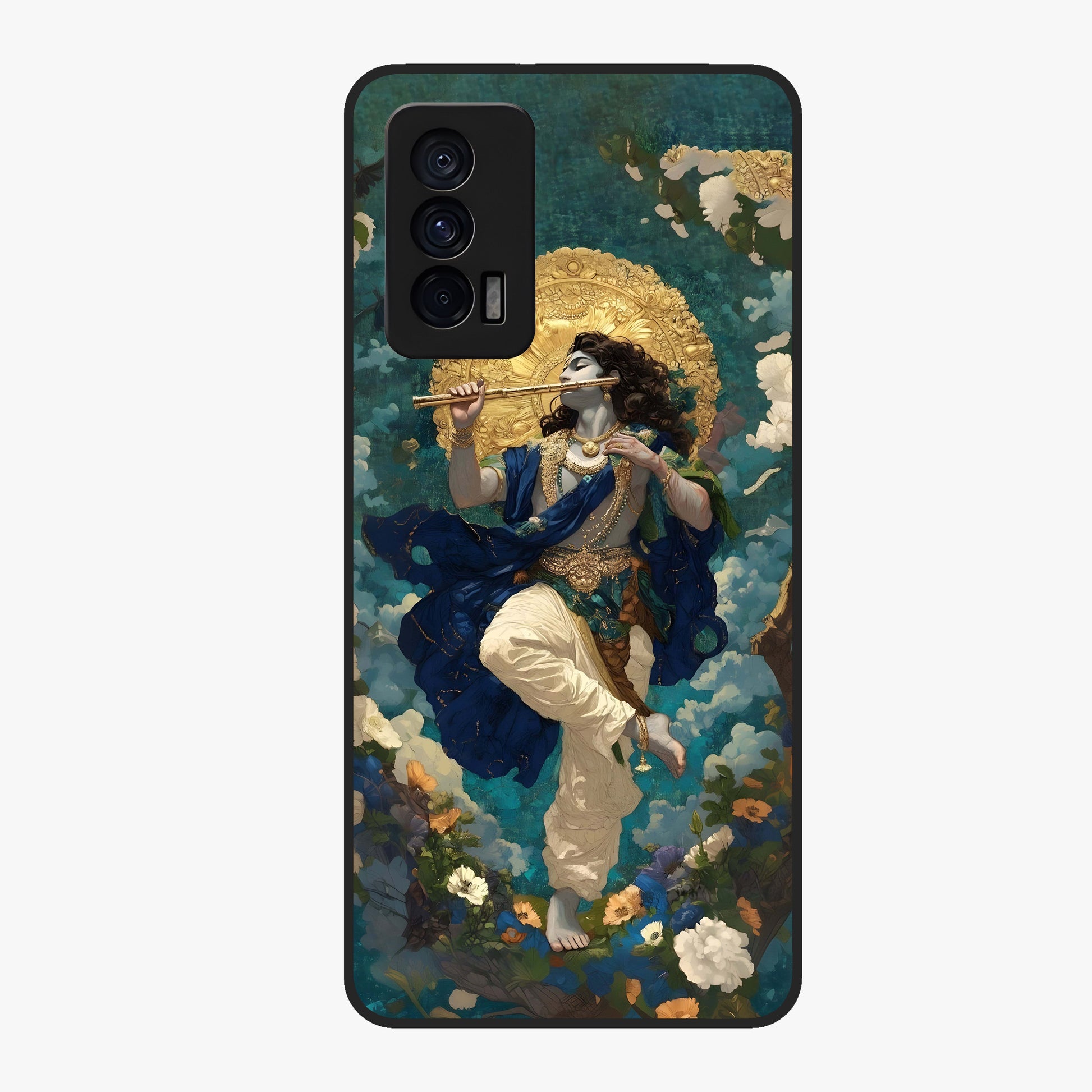 Divine Krishna Art Glass Case showing flat back view with Lord Krishna artwork and glossy glass finish.