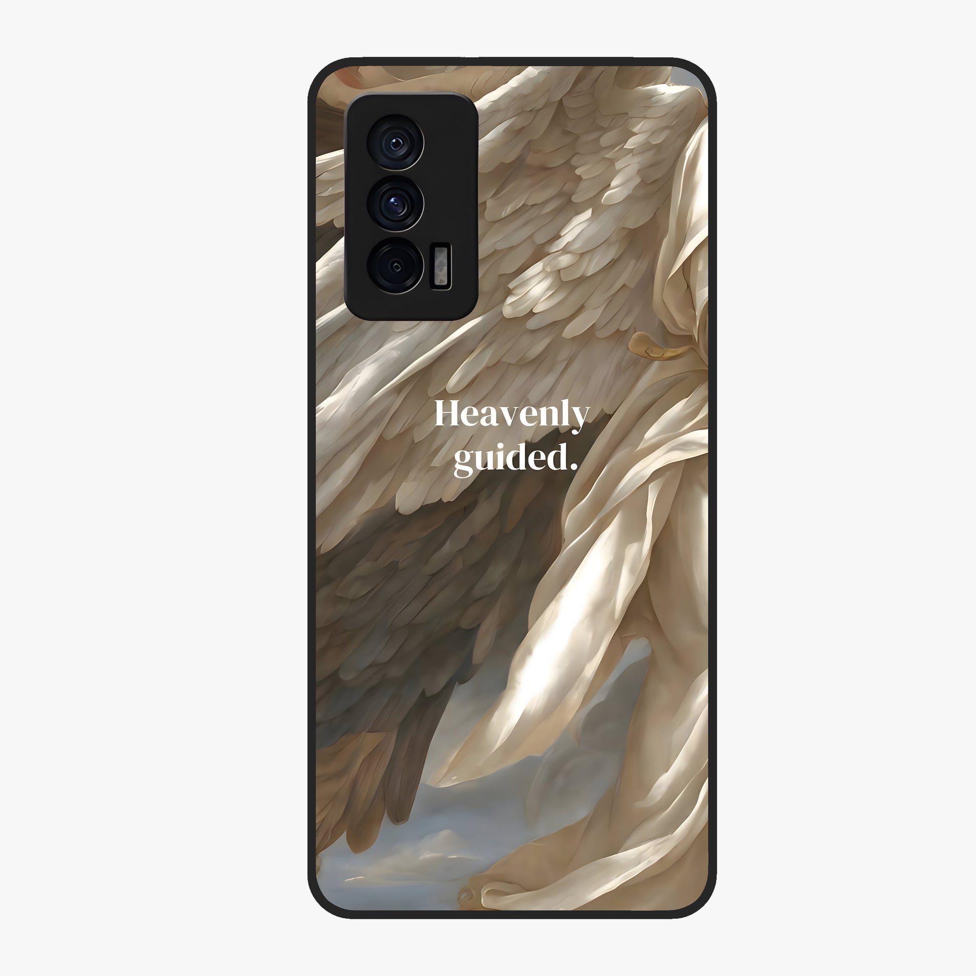 Divine Winged Grace Glass Case showing flat back view with elegant wing inspired artwork and glossy glass finish.