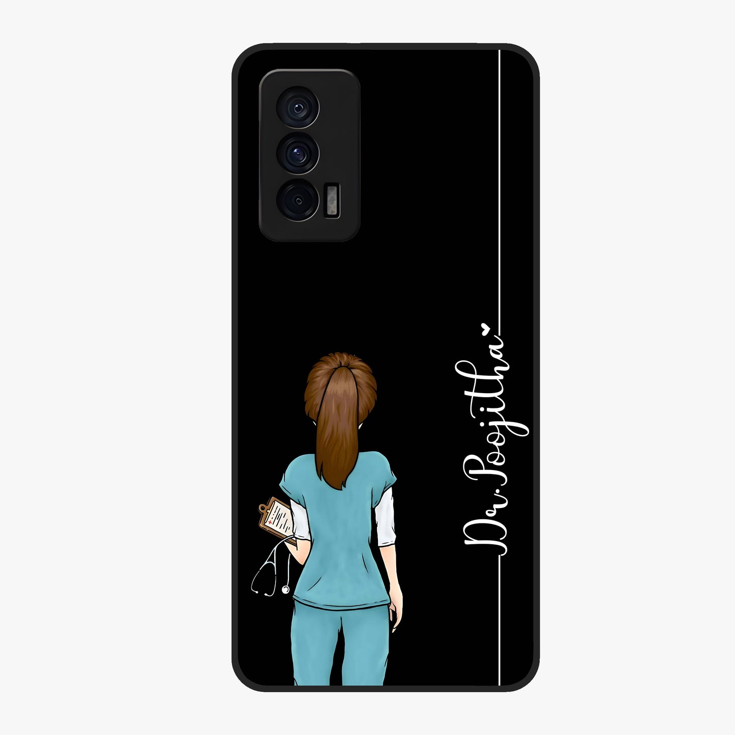 Doctor Pattern Custom Name Glass Case showing flat back view with medical themed pattern and personalized name design.