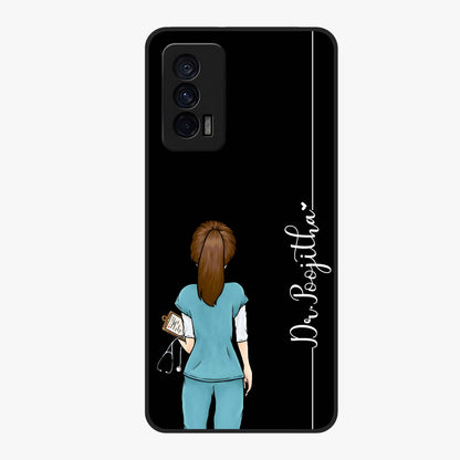 Doctor Pattern Custom Name Glass Case showing flat back view with medical themed pattern and personalized name design.