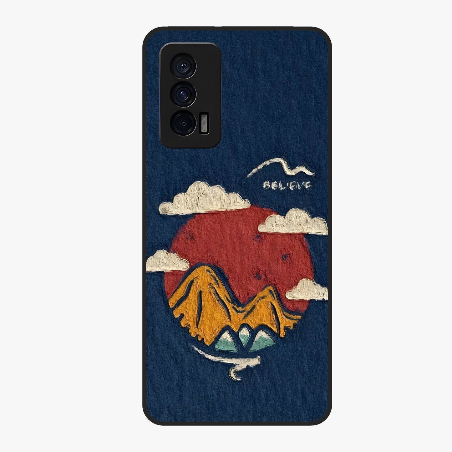 Dream Beyond Mountains Glass Case showing flat back view with scenic mountain landscape artwork and glossy glass finish.