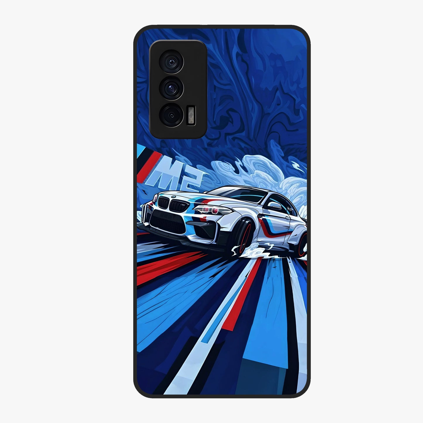 Drift Power Rush Glass Case showing flat back view with dynamic racing inspired artwork and glossy glass finish.