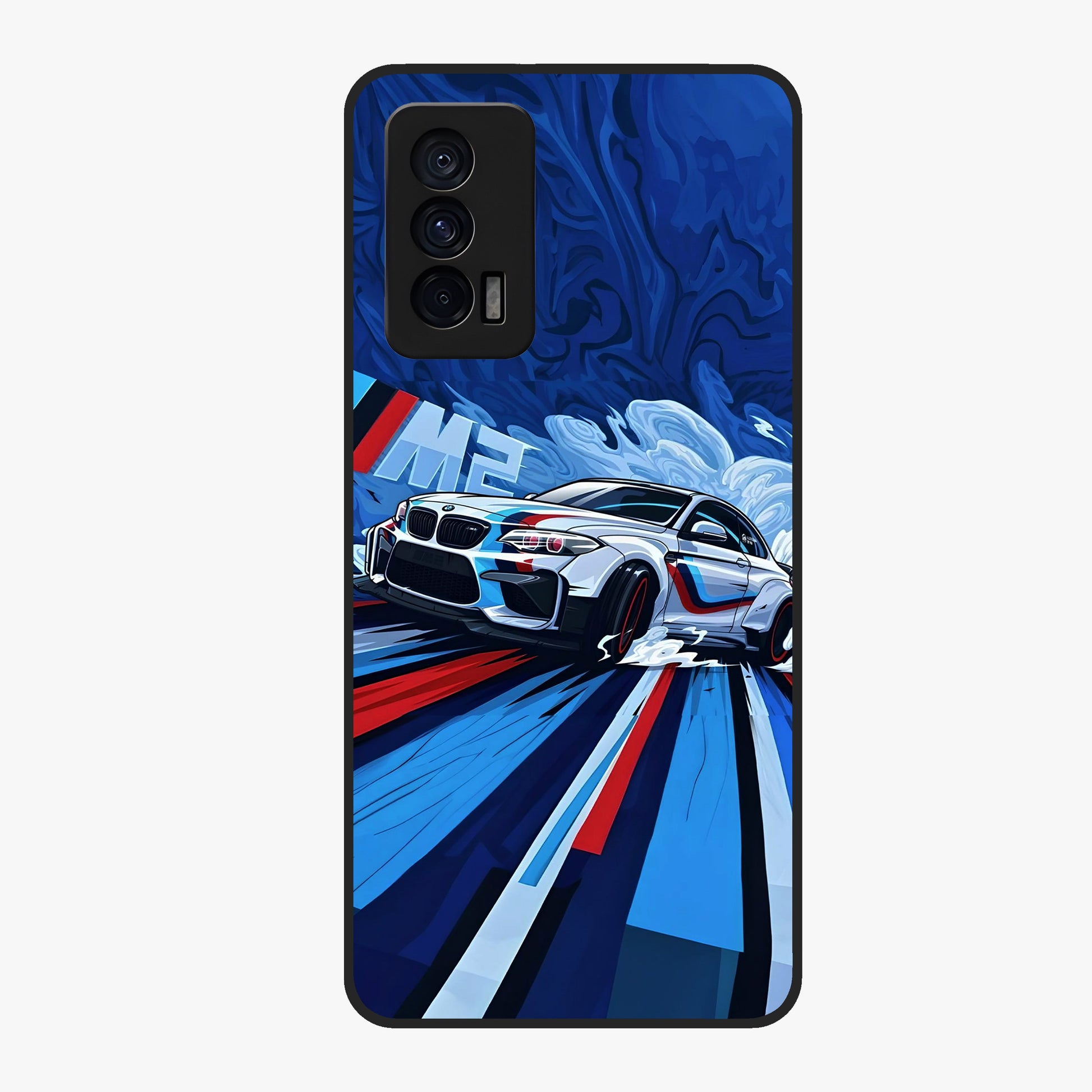 Drift Power Rush Glass Case showing flat back view with dynamic racing inspired artwork and glossy glass finish.