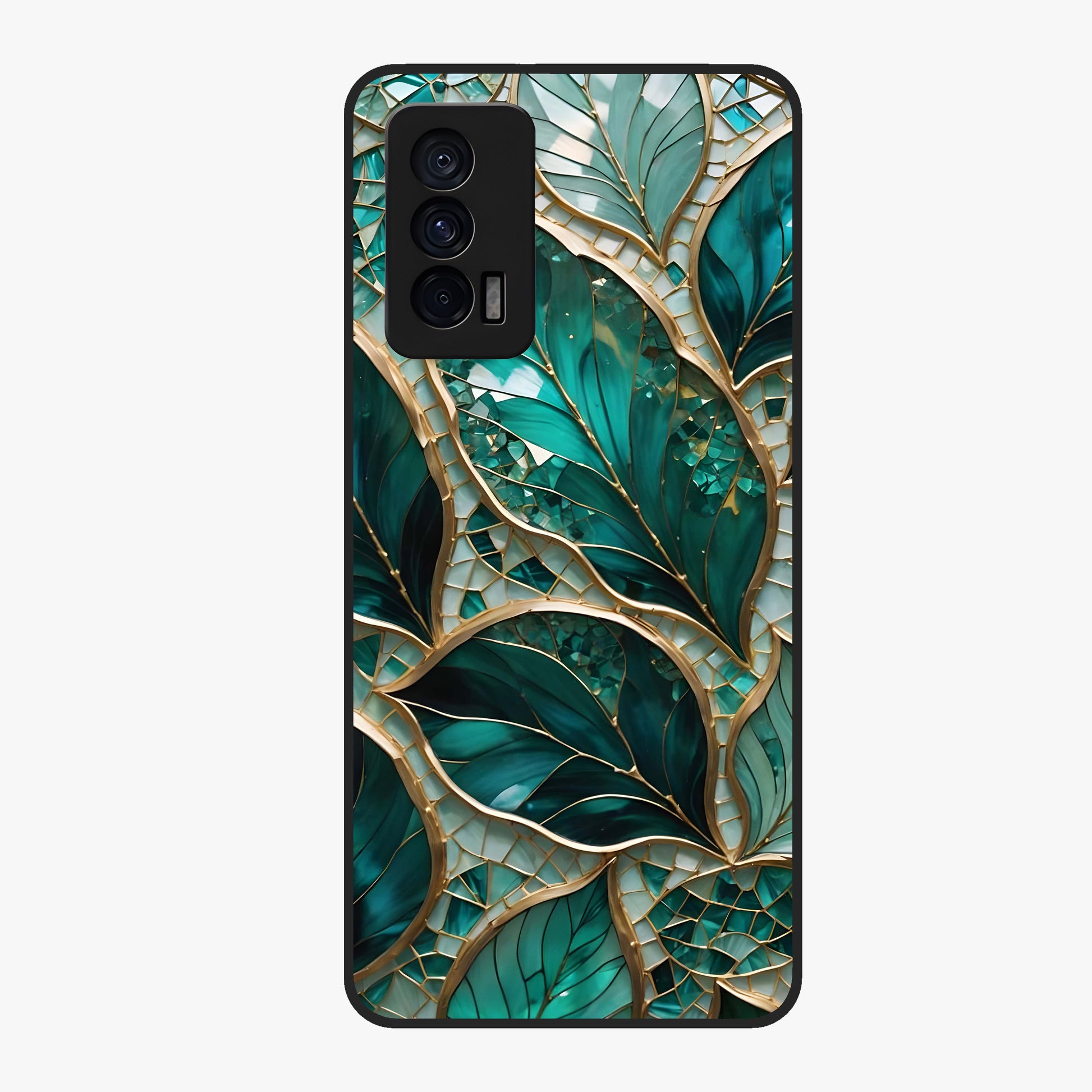 Emerald Leaf Glass Glass Case showing flat back view with emerald green leaf artwork and glossy glass finish.