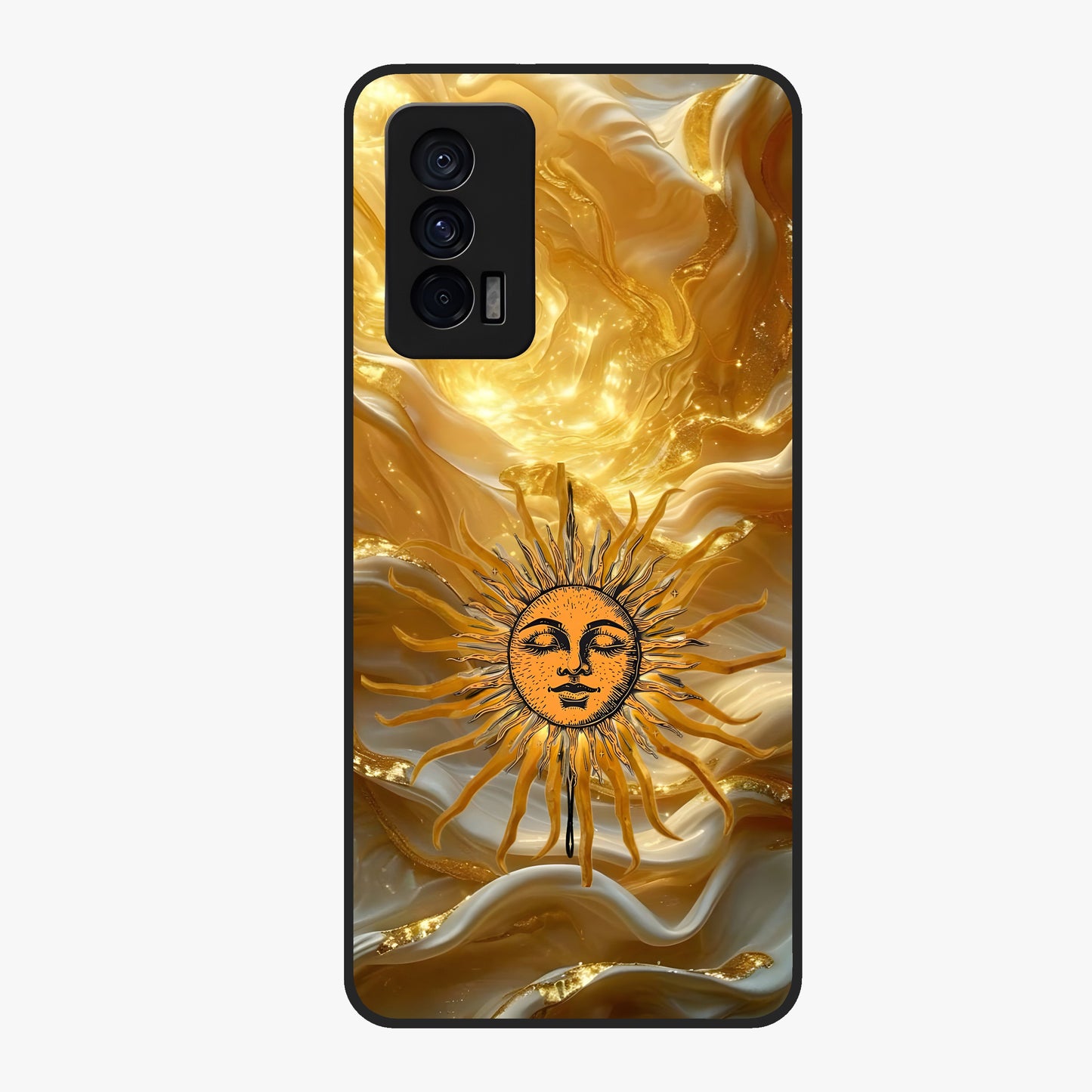 Eternal Golden Glow Glass Case showing flat back view with radiant golden themed artwork and glossy glass finish.
