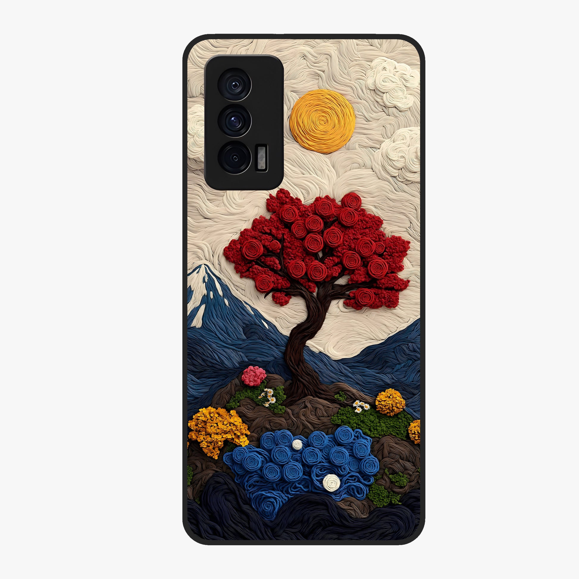 Eternal Nature Tapestry Glass Case showing flat back view with intricate nature tapestry artwork and glossy glass finish.