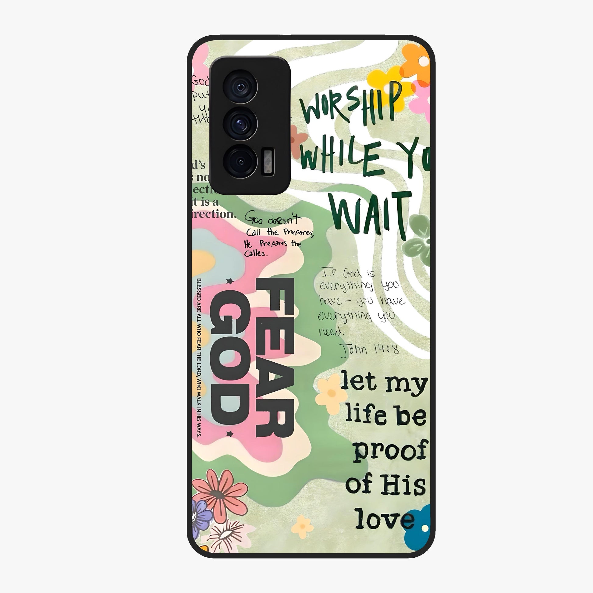 Faith Over Fear Glass Case showing flat back view with motivational typography artwork and glossy glass finish.