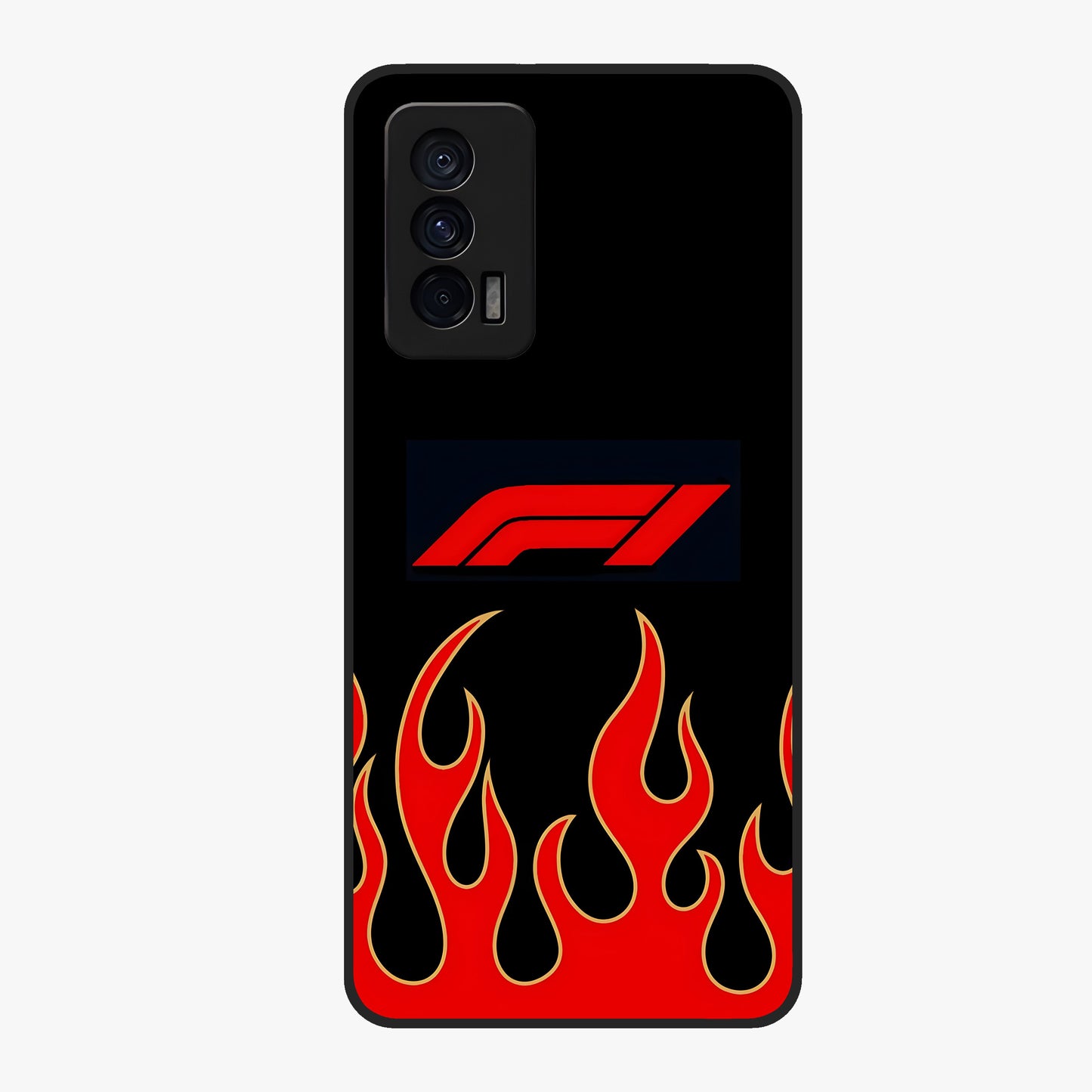 Fire F11 Glass Case showing flat back view with fiery themed artwork and glossy glass finish.