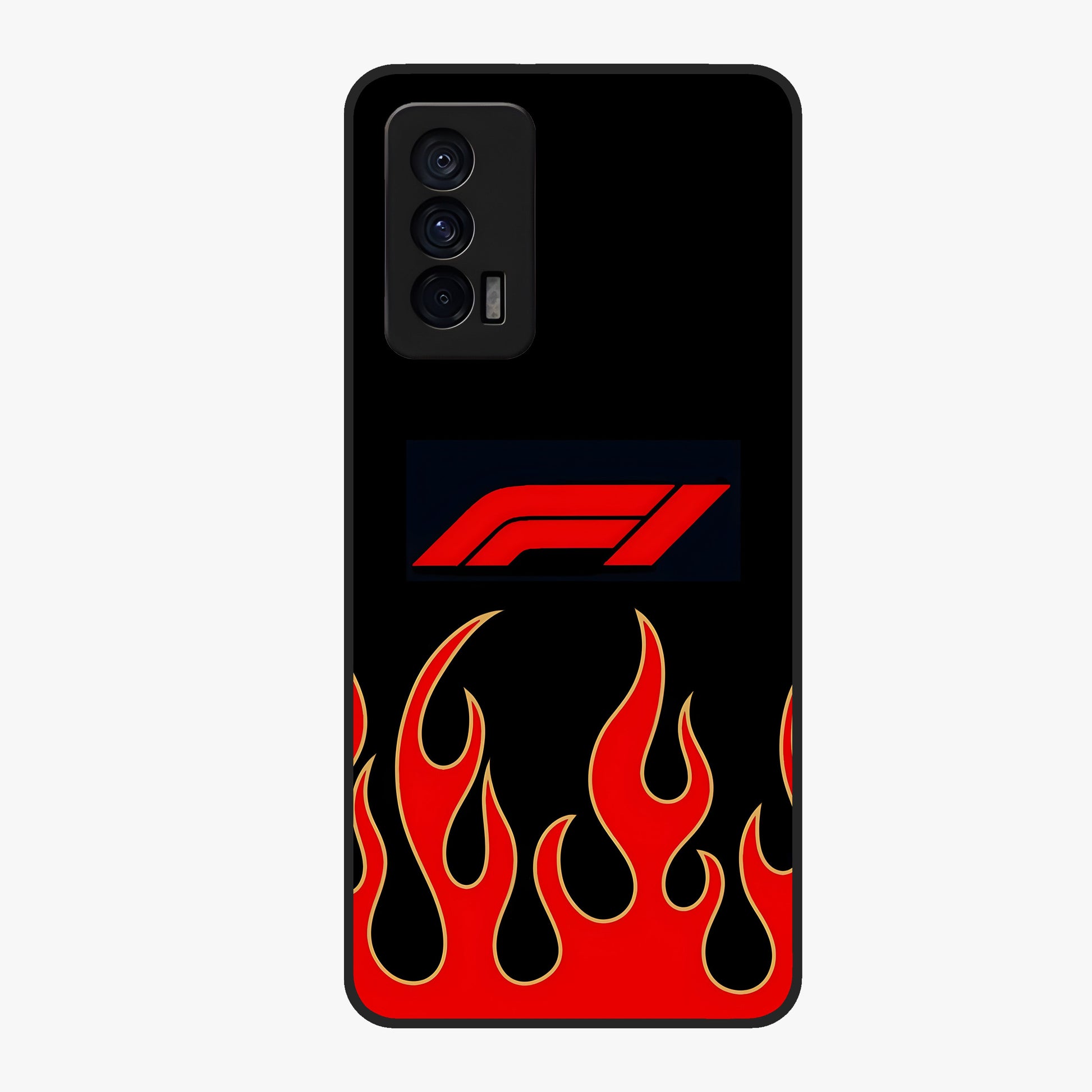 Fire F11 Glass Case showing flat back view with fiery themed artwork and glossy glass finish.