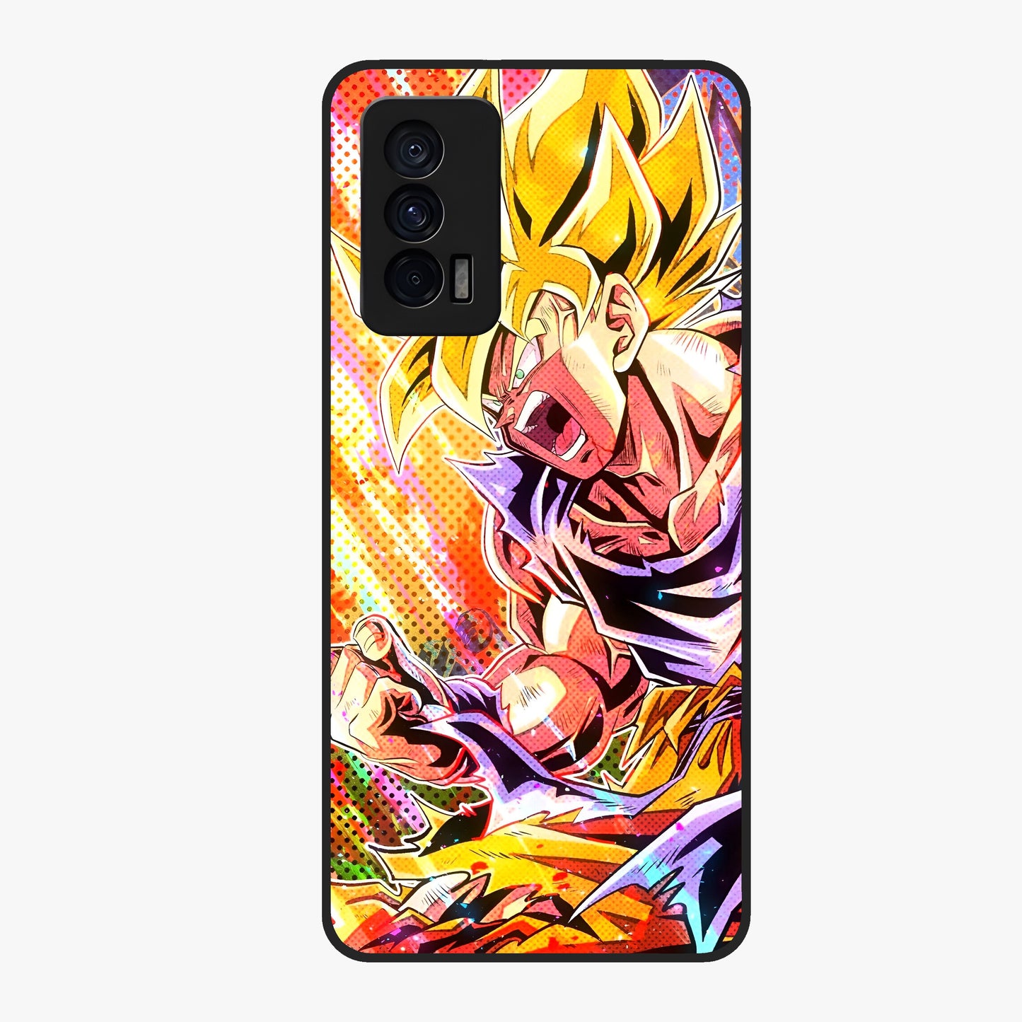 Firing Goku Glass Case showing flat back view with powerful anime inspired artwork and glossy glass finish.