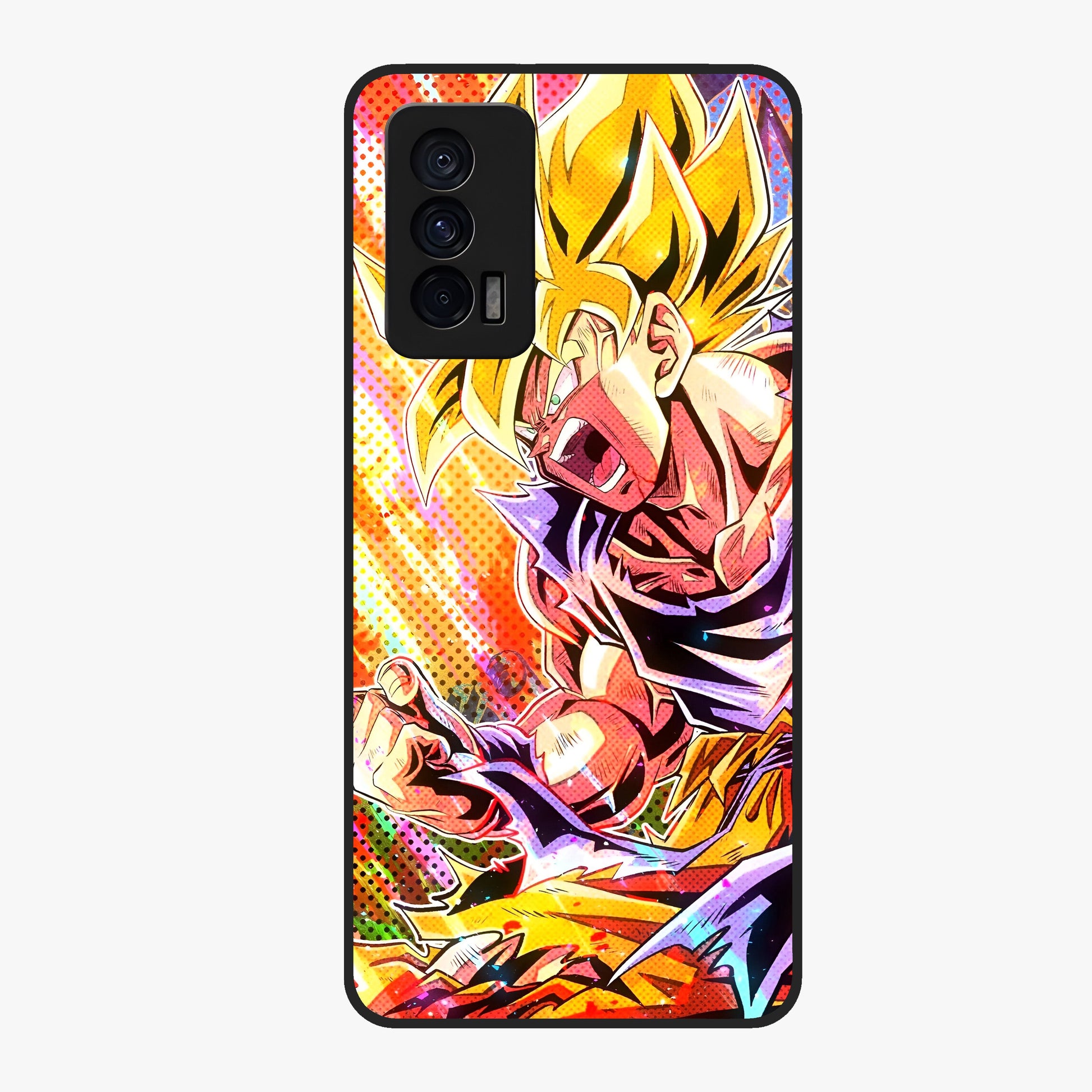 Firing Goku Glass Case showing flat back view with powerful anime inspired artwork and glossy glass finish.