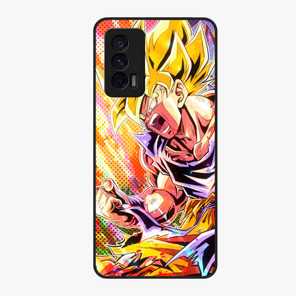 Firing Goku Glass Case showing flat back view with powerful anime inspired artwork and glossy glass finish.