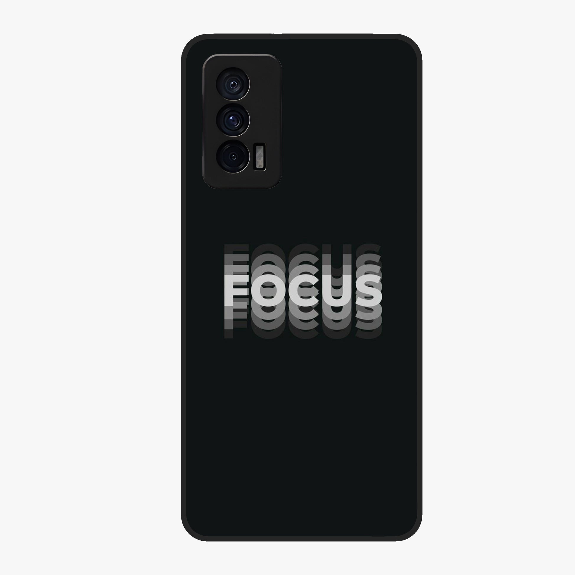 Focus Mode On Glass Case showing flat back view with bold motivational typography design and glossy glass finish.