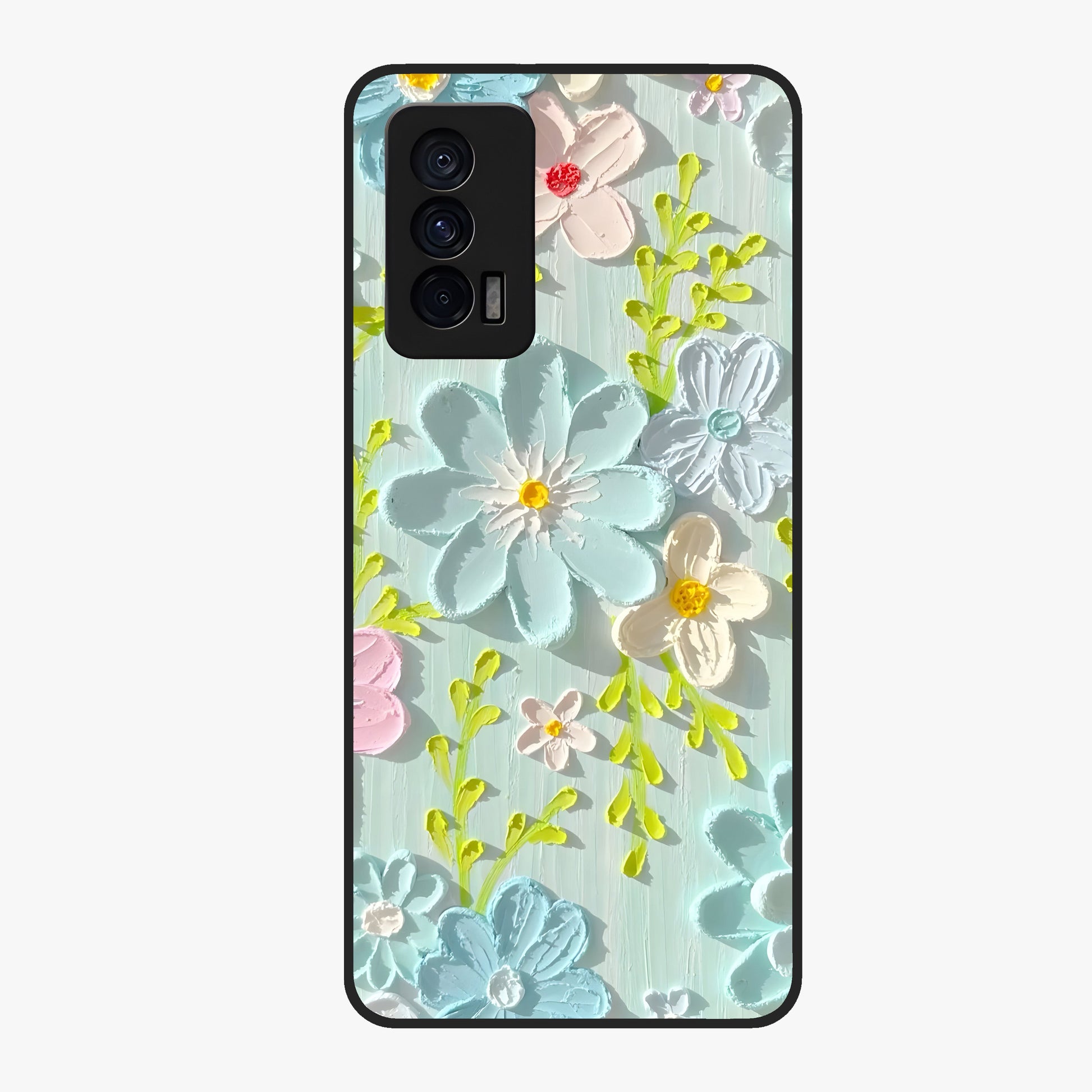 Frosted Petal Garden Glass Case showing flat back view with soft frosted floral artwork and glossy glass finish.