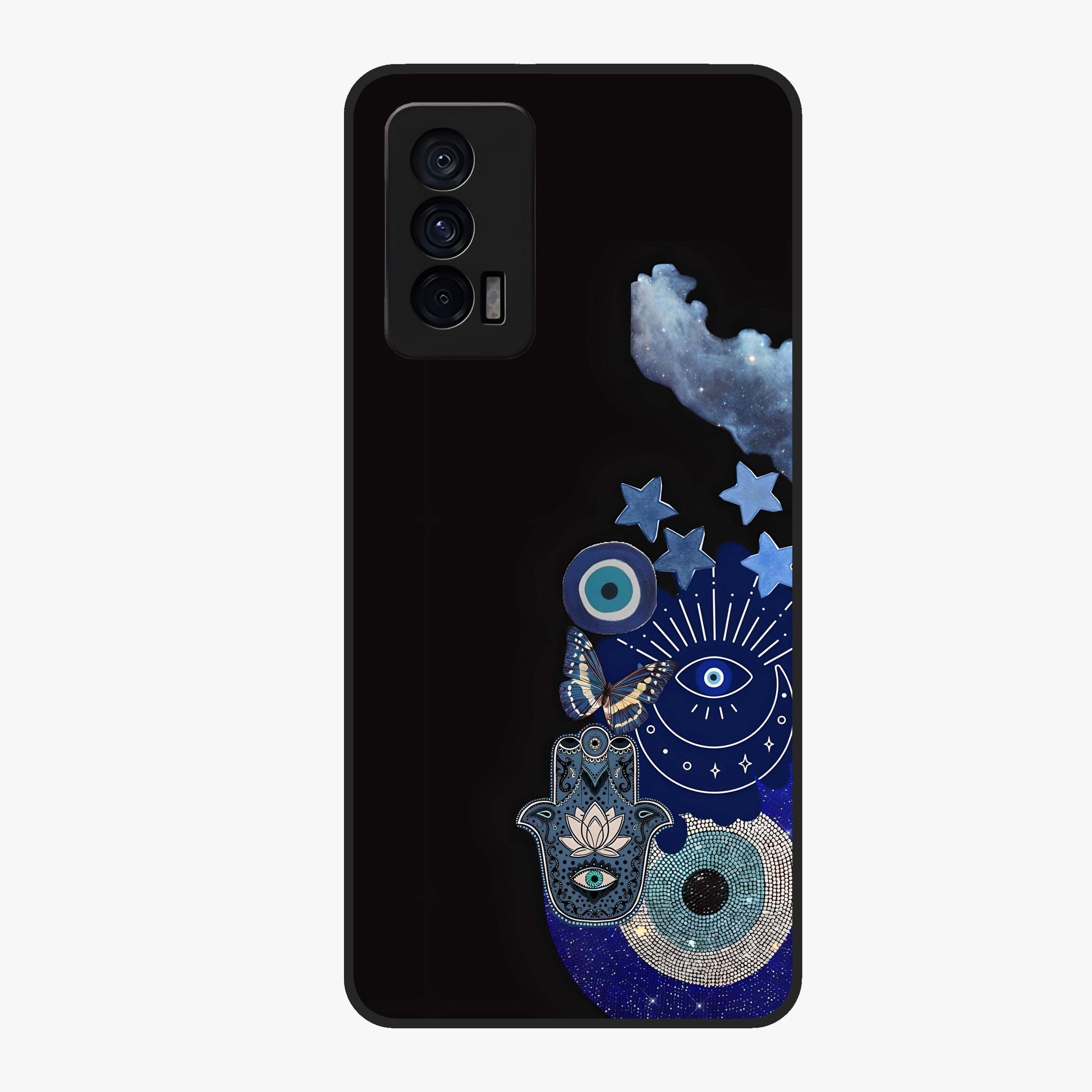 Galactic Charm Cluster Glass Case showing flat back view with glowing celestial charm artwork and glossy glass finish.
