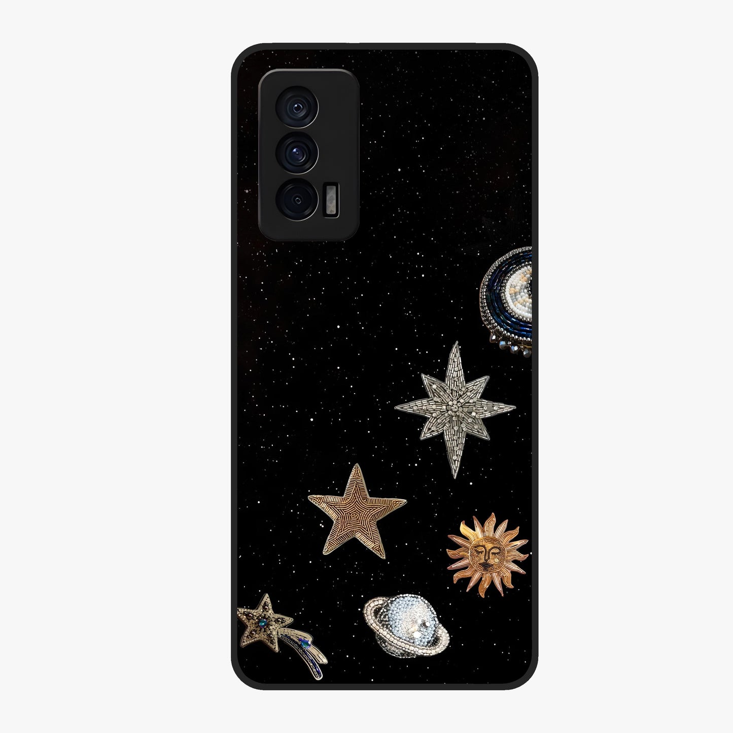 Galactic Charm Glow Glass Case showing flat back view with glowing celestial charm artwork and glossy glass finish.