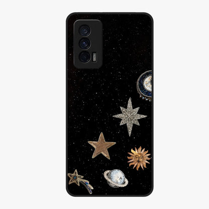 Galactic Charm Glow Glass Case showing flat back view with glowing celestial charm artwork and glossy glass finish.