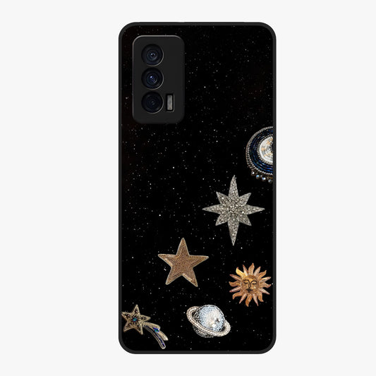 Galactic Charm Glow Glass Case showing flat back view with glowing celestial charm artwork and glossy glass finish.