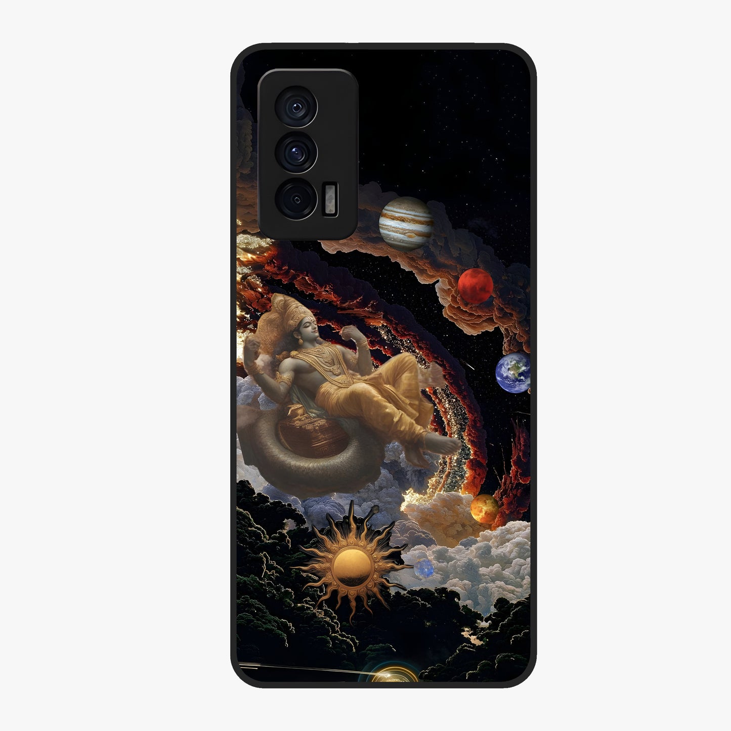 Galactic Divine God Glass Case showing flat back view with divine cosmic themed artwork and glossy glass finish.
