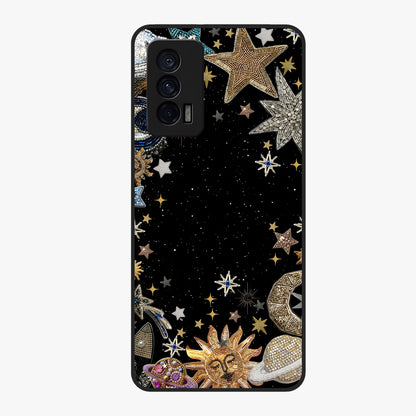 Galactic Jewel Stars Glass Case showing flat back view with sparkling star jewel artwork and glossy glass finish.