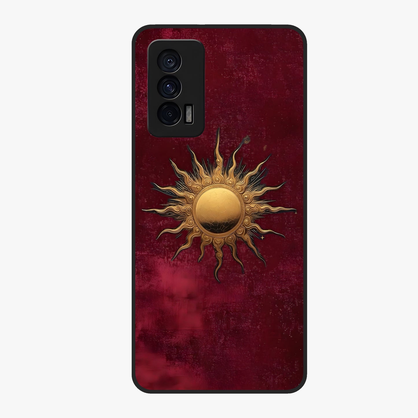 Gold Sun Blush Glass Case showing flat back view with golden sun inspired artwork and glossy glass finish.