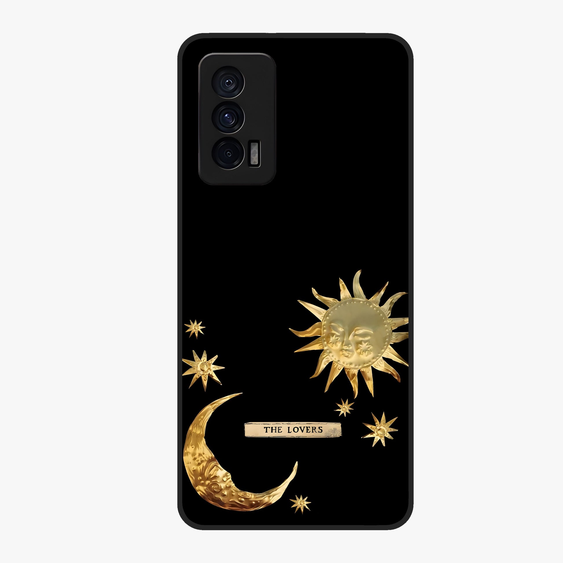 Golden Celestial Charm Glass Case showing flat back view with golden celestial charm artwork and glossy glass finish.