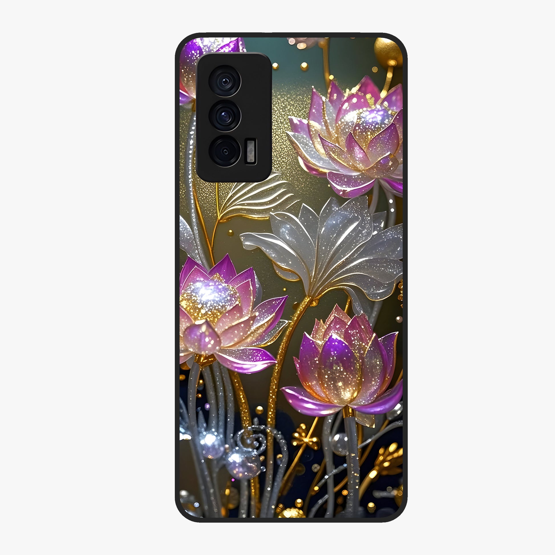Golden Lotus Glow Glass Case showing flat back view with glowing lotus flower artwork and glossy glass finish.