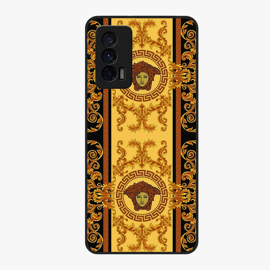 Golden Royal Heritage Glass Case showing flat back view with ornate royal pattern artwork and glossy glass finish.