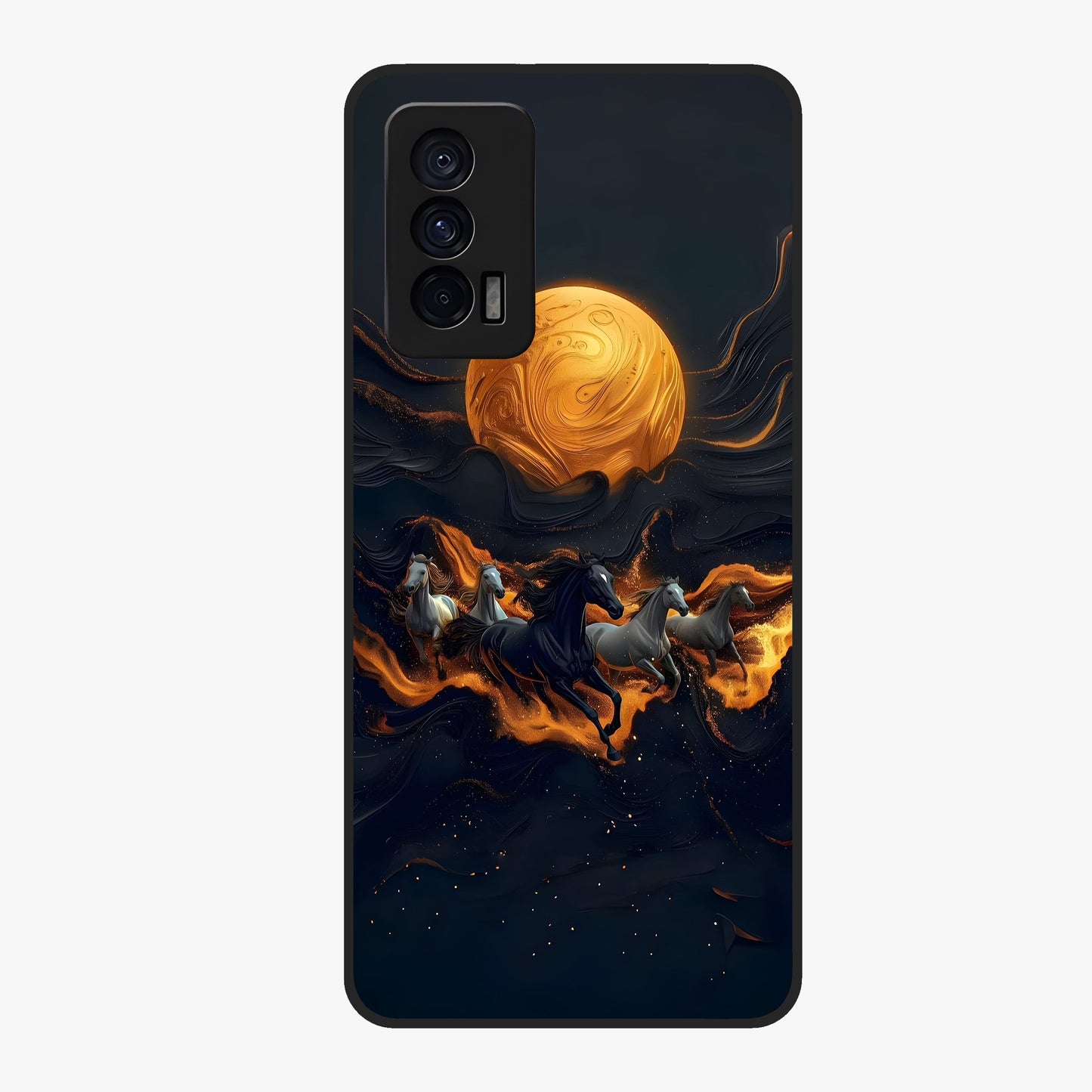 Golden Stallion Moonride Glass Case showing flat back view with majestic horse under moonlight artwork and glossy glass finish.