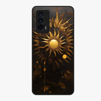 Golden Sun Majesty Glass Case showing flat back view with radiant golden sun artwork and glossy glass finish.