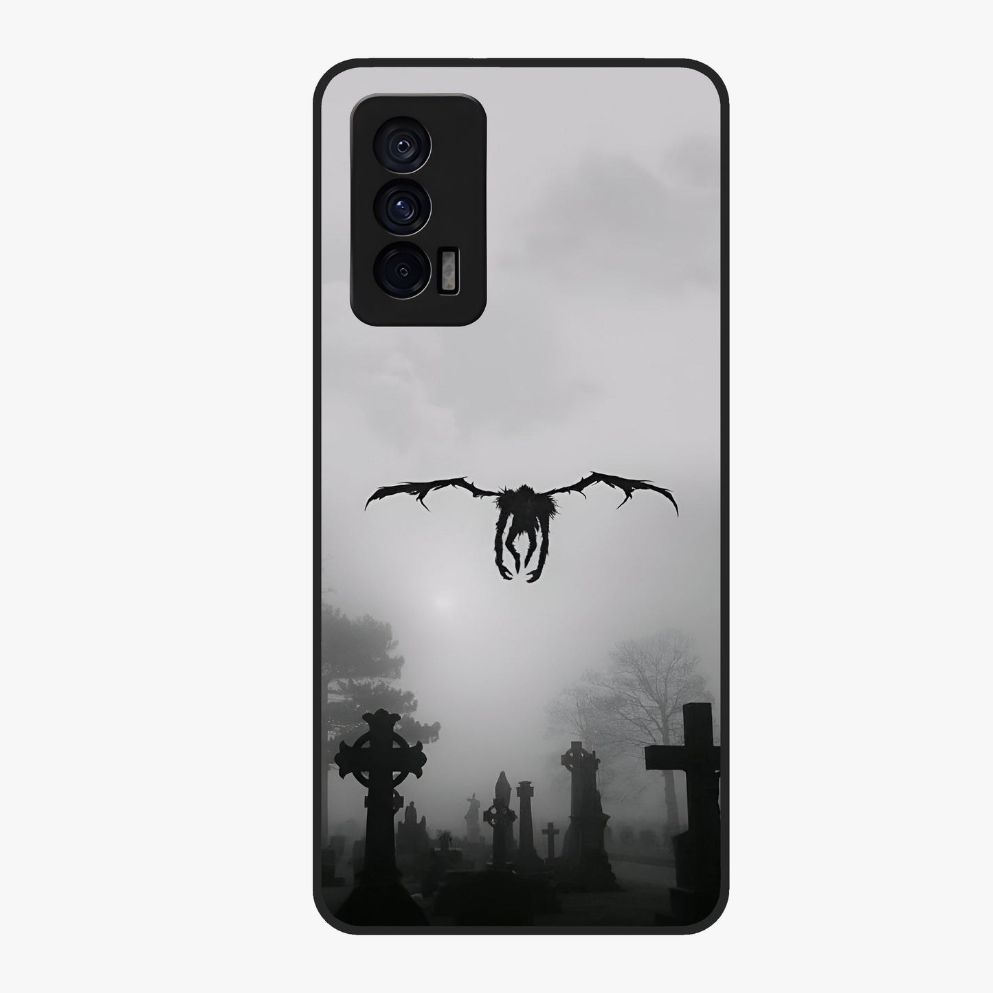 Graveyard Shadow Descent Glass Case showing flat back view with dark graveyard themed artwork and glossy glass finish.