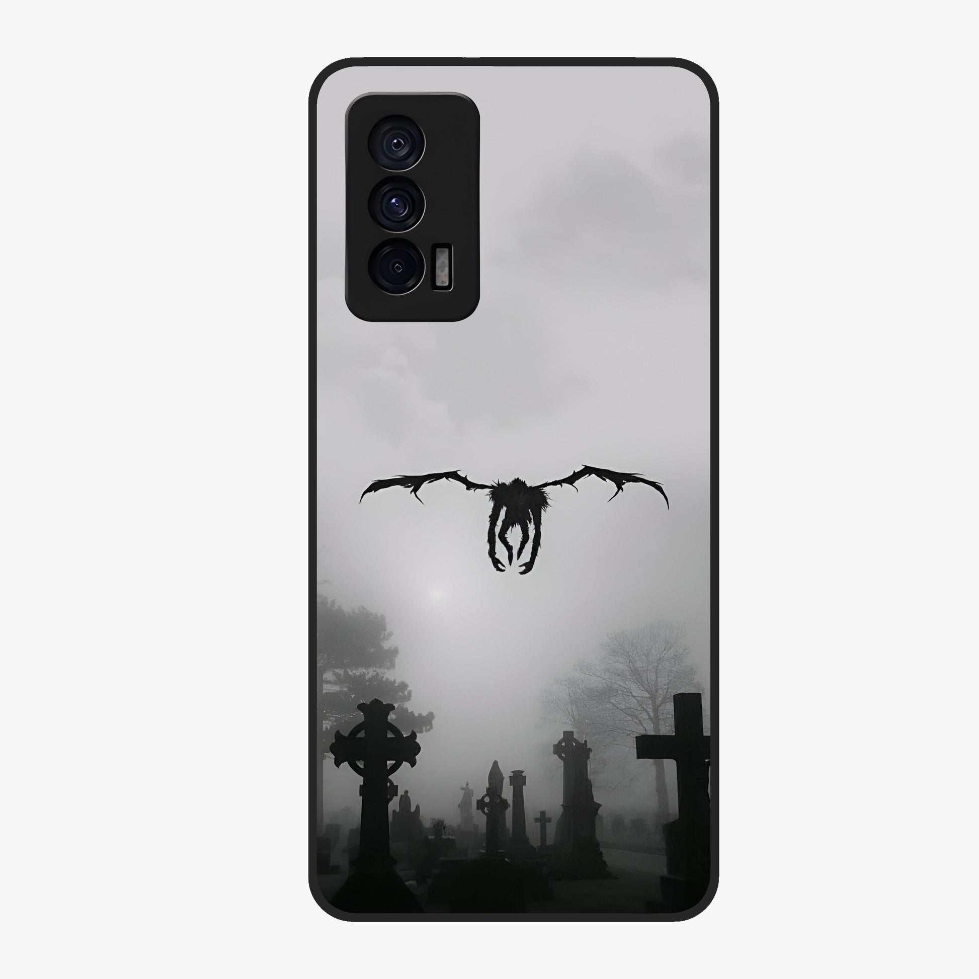 Graveyard Shadow Descent Glass Case showing flat back view with dark graveyard themed artwork and glossy glass finish.