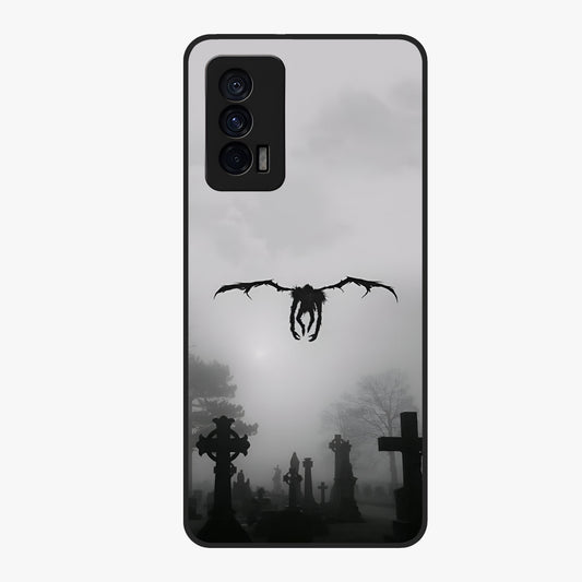 Graveyard Shadow Descent Glass Case showing flat back view with dark graveyard themed artwork and glossy glass finish.